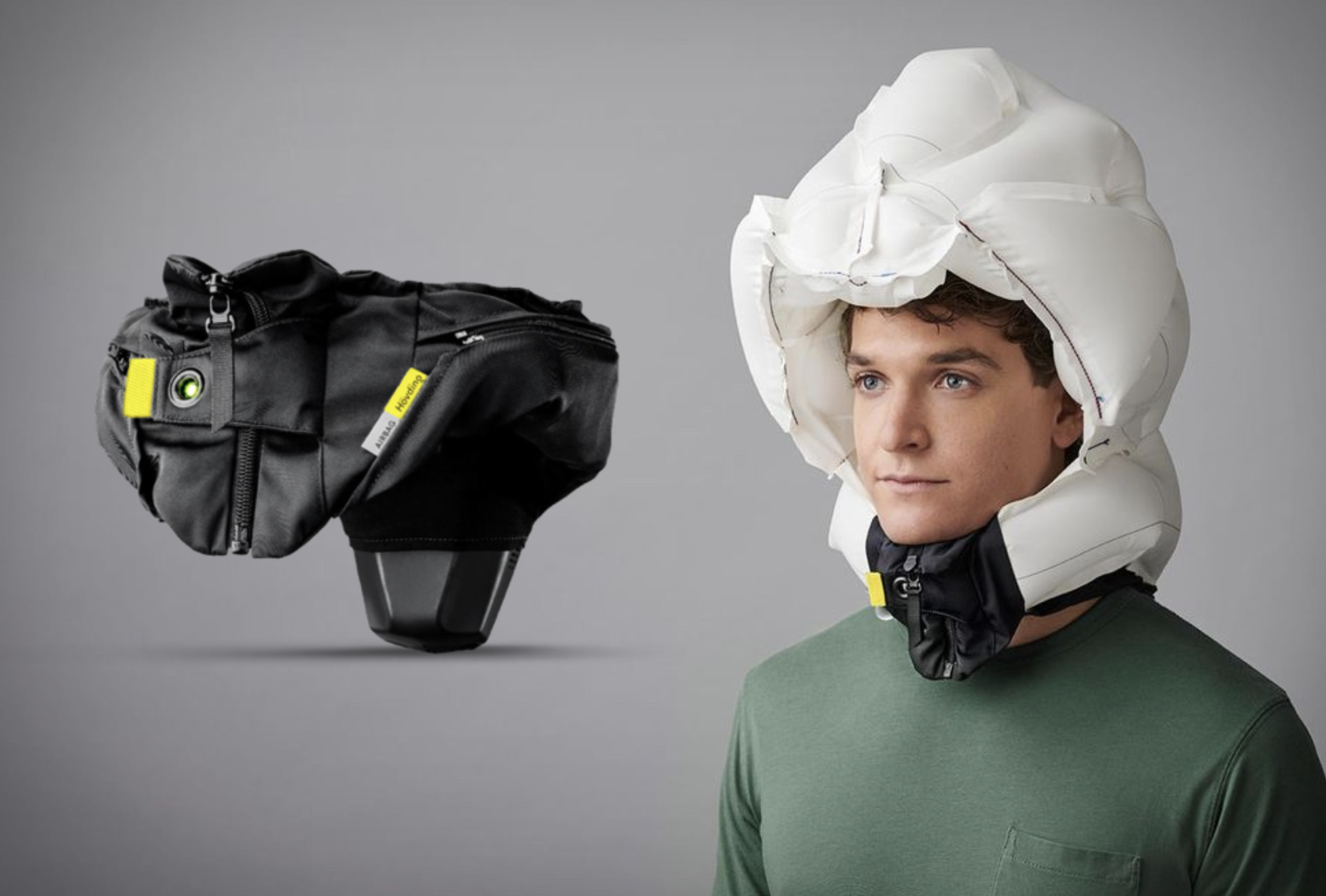 Hovding. Шлем с подушкой безопасности. Велосипедист в шлеме. Подушка безопасности для велосипедистов.